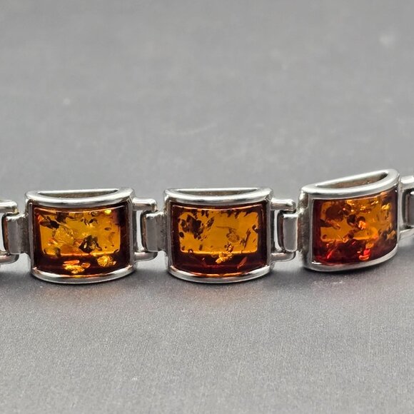 Sterling Silver & Amber Link Bracelet 8" Snap Clasp Czech Republic 21.94g Signed - Picture 8 of 11